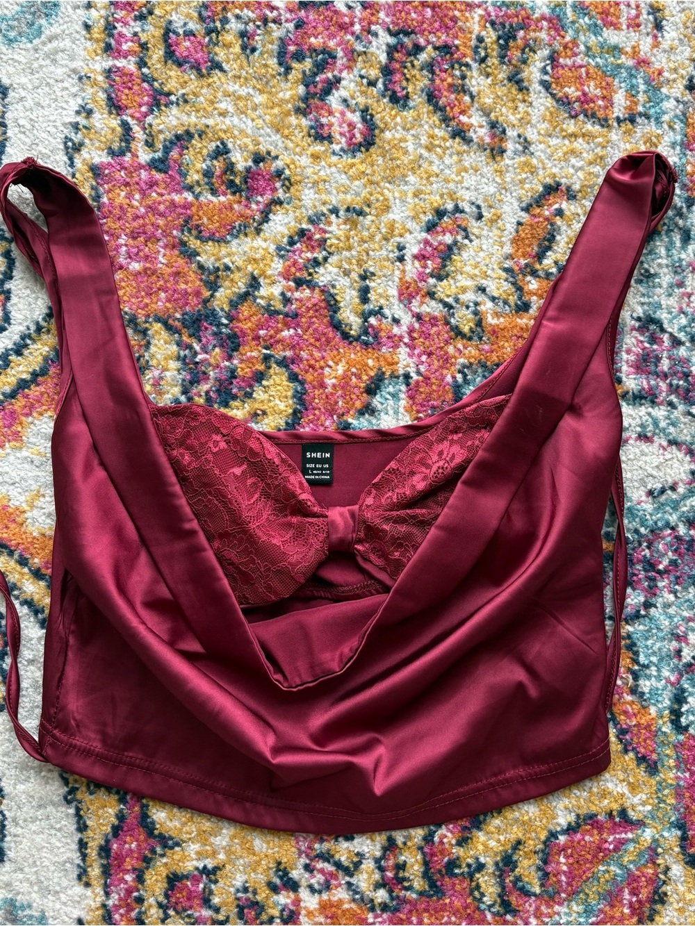 SHEIN Satin & Lace Burgundy Going Out Top